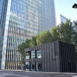 Charred Cladding on building in the centre of Canary Wharf